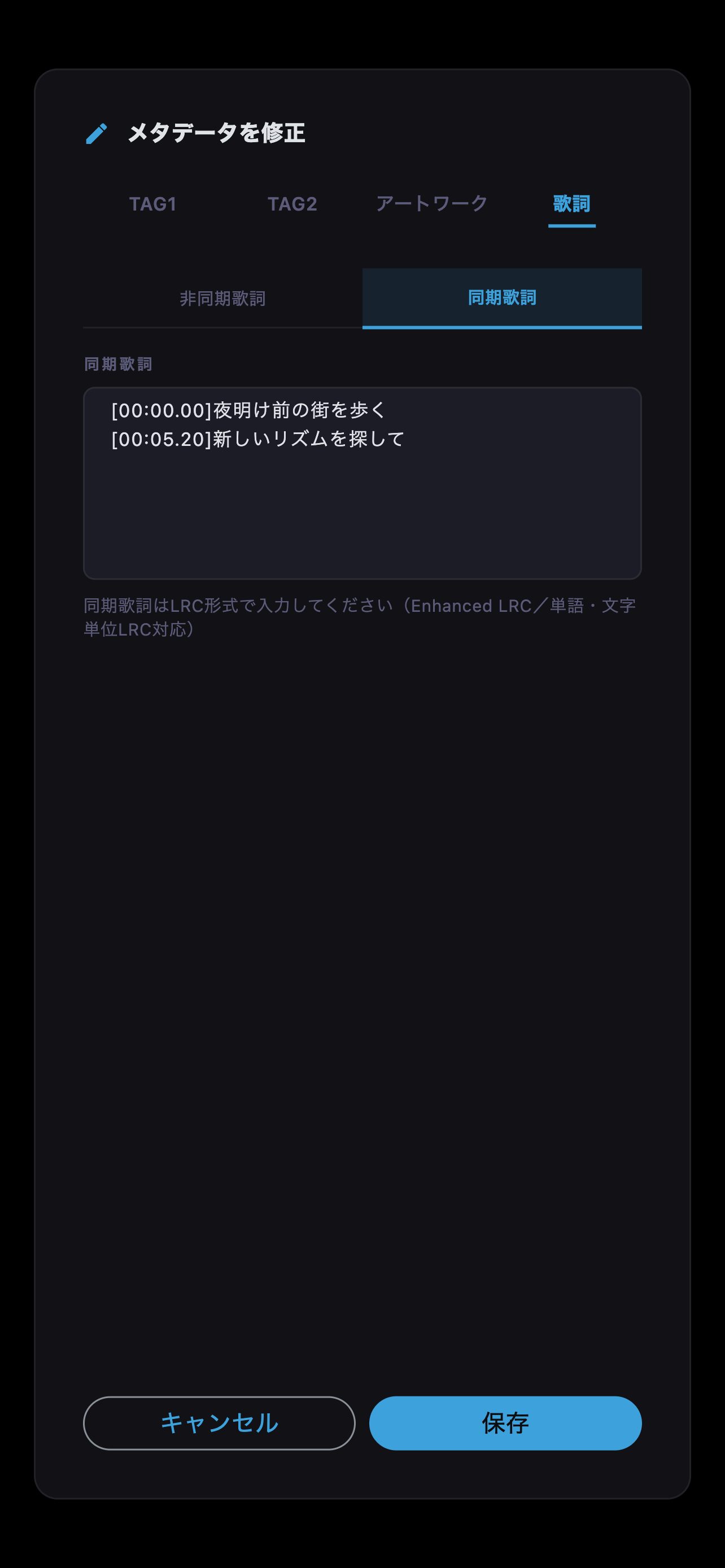 同期歌詞を選択したメタデータ編集画面