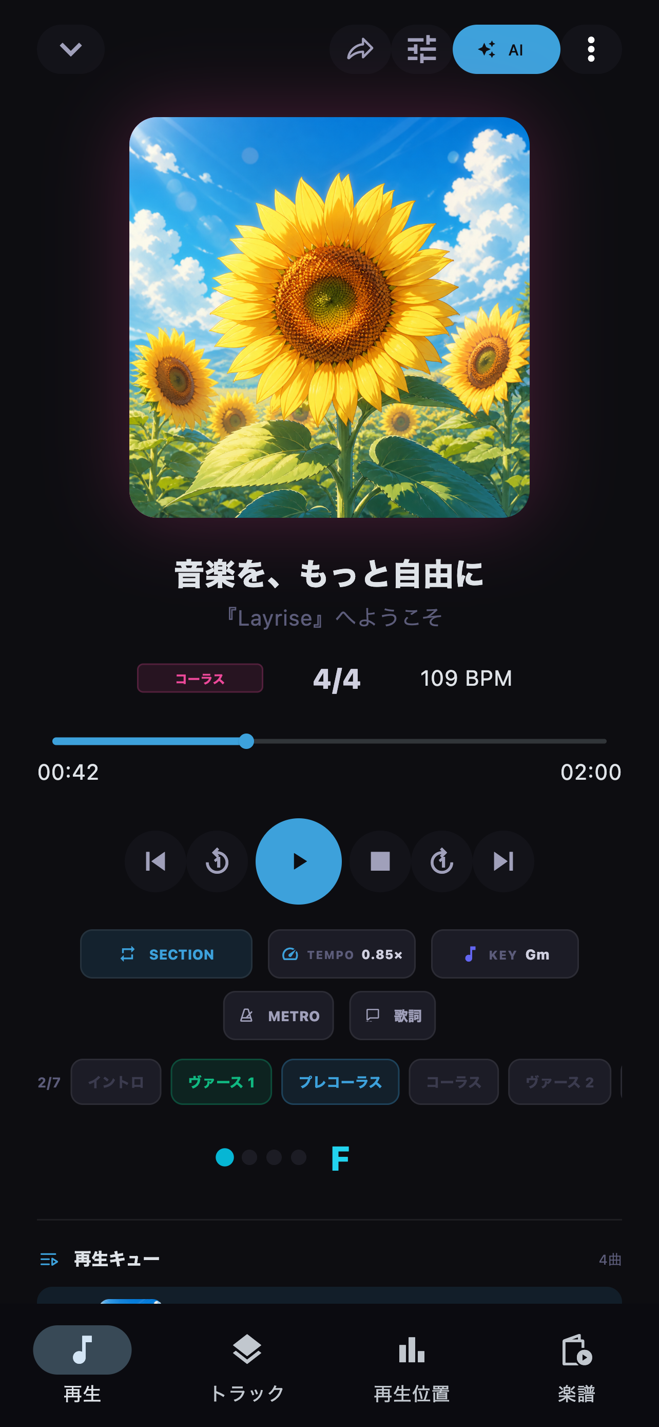 曲全体、セクション、A-B区間から練習範囲を選びます。