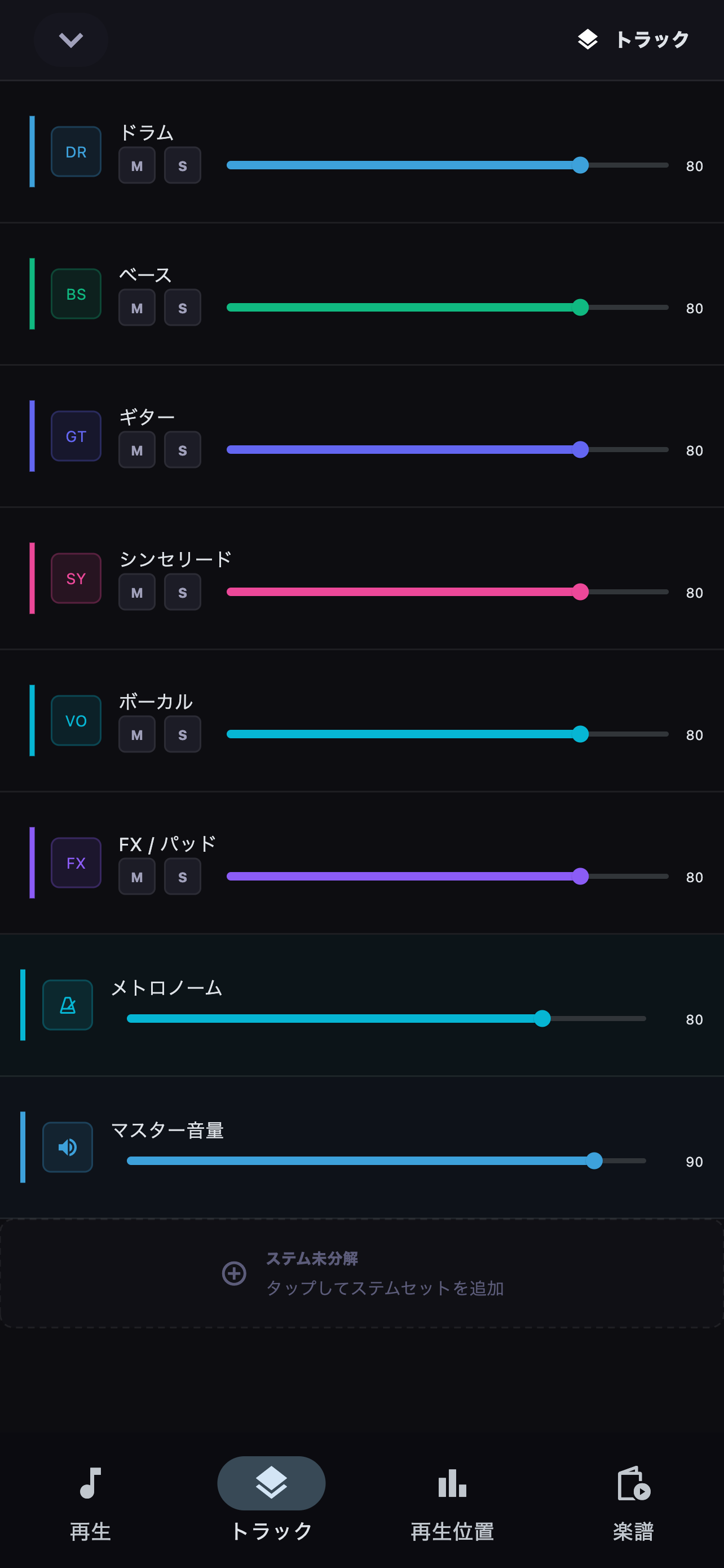 各トラックのバランスを保ったまま全体音量を変更します。