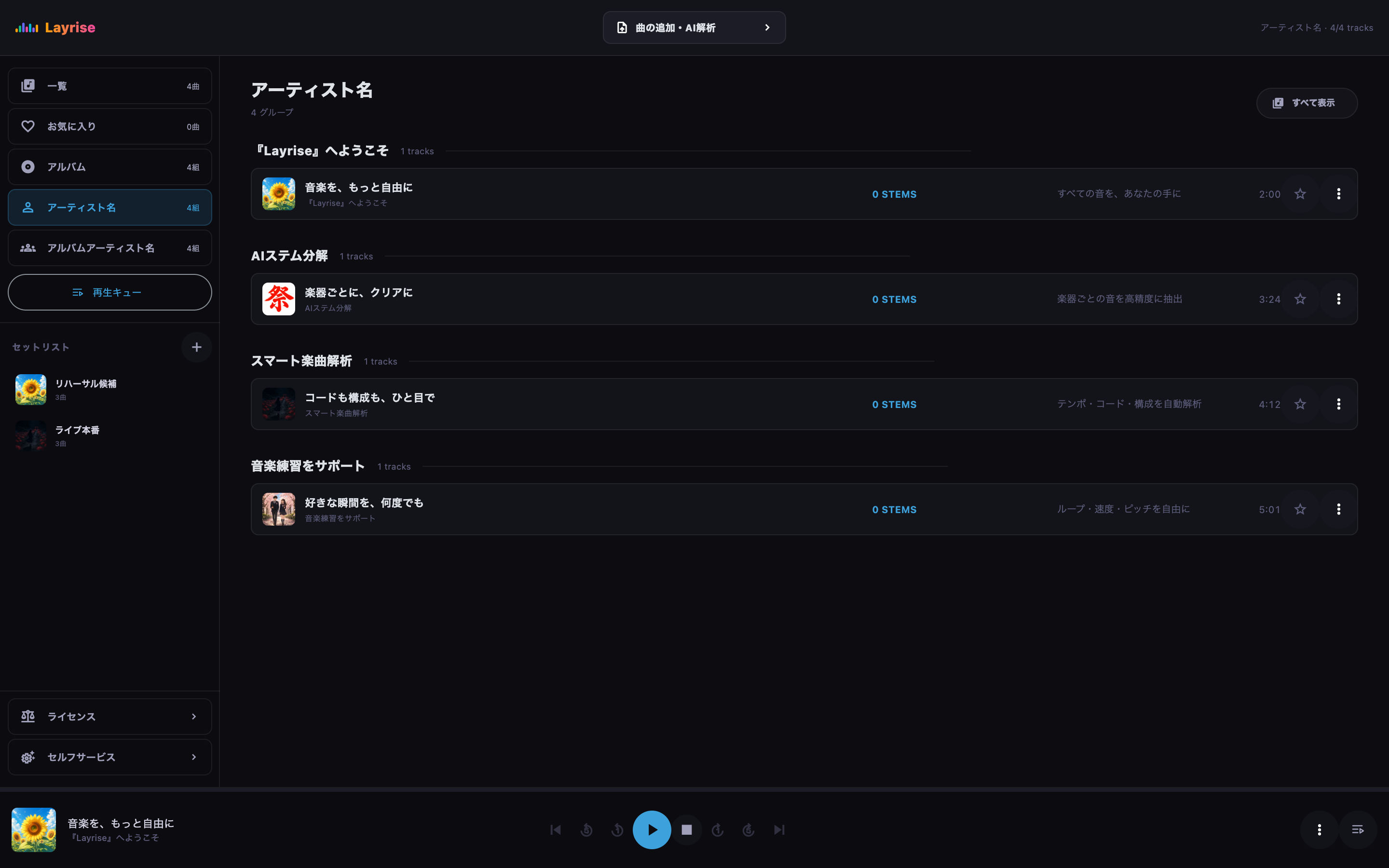 アーティスト単位でグループ化したライブラリ画面